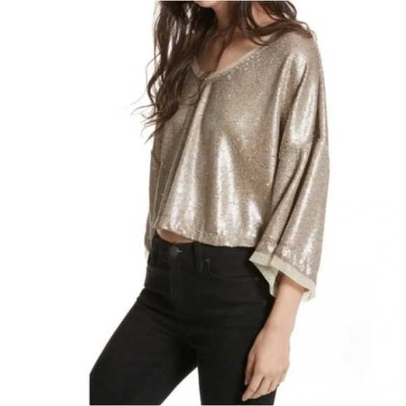 FREE PEOPLE Champagne Dreams Sequined Slouchy Crop Top Gold Small Womens Relaxed - Picture 3 of 16